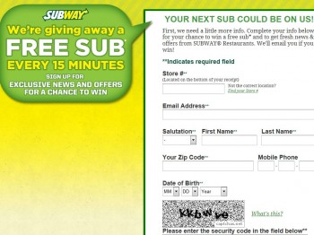 Subway's text-to-win prize was awarded every 15 minutes.